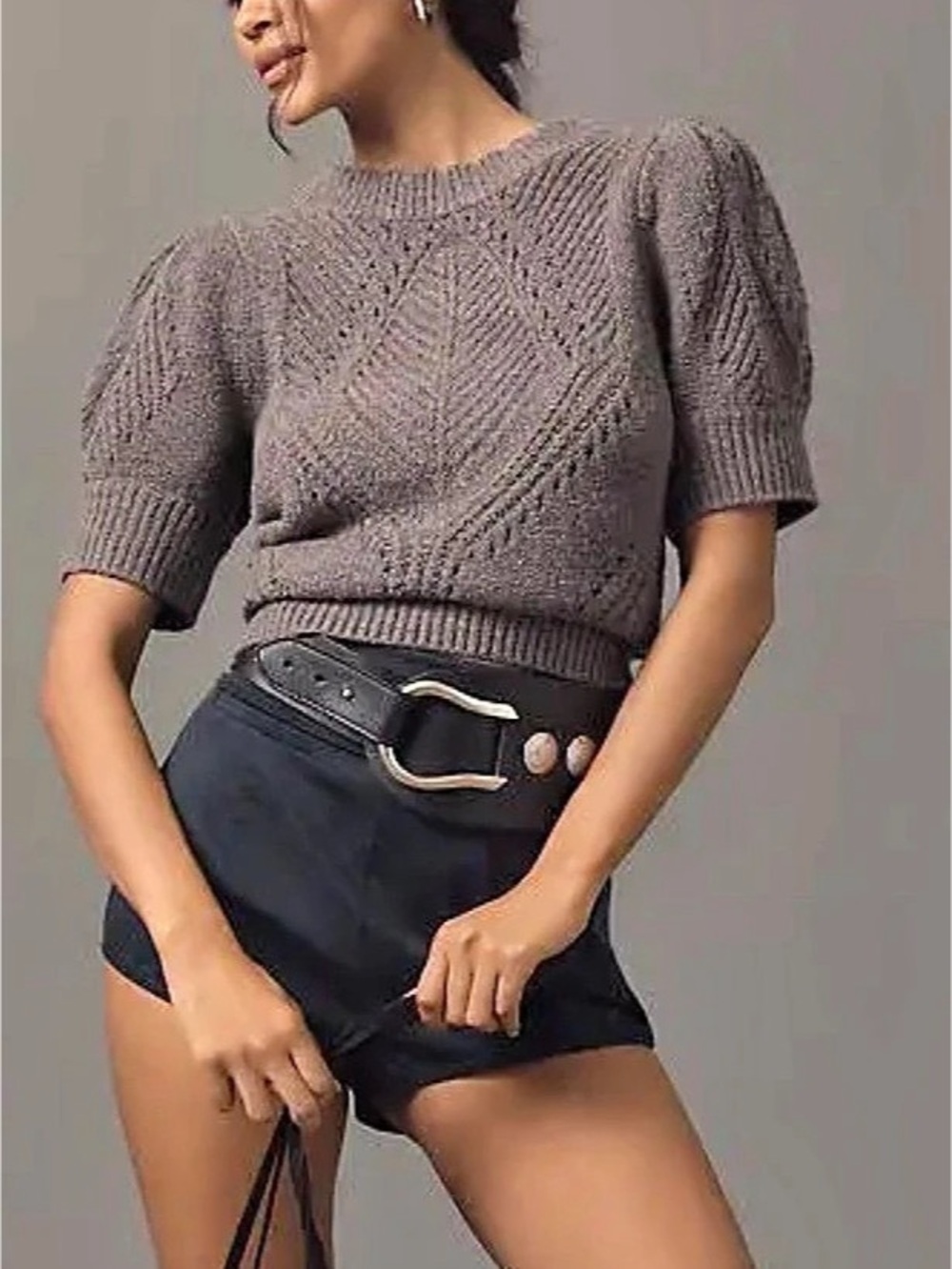 Anthropologie Short-Sleeve Pointelle Sweater in the colorway Heather Mink